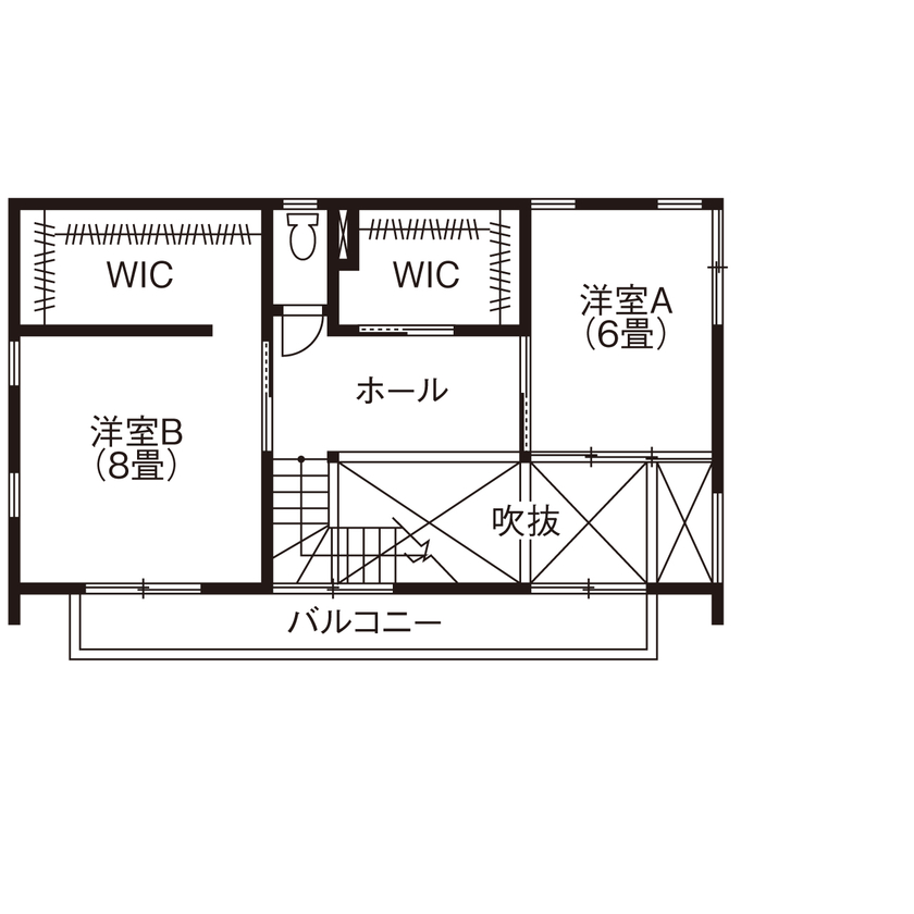 アオバクラフト 【本体価格1490万円】家族のつながりを大切にした、明るく開放的な吹き抜けのある住まいの間取り図（3LDK）2階