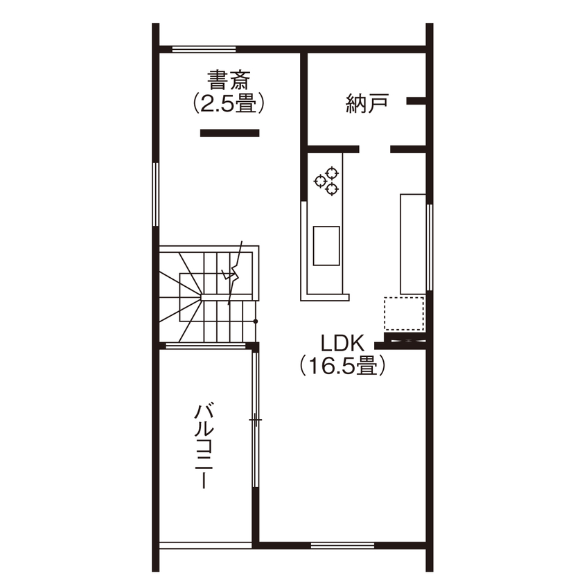 アオバクラフト 【1000万円台／間取図有／2LDK+書斎】2階リビング＋ルーフバルコニーで開放的に暮らすおしゃれな家の間取り図（2LDK＋書斎）2階