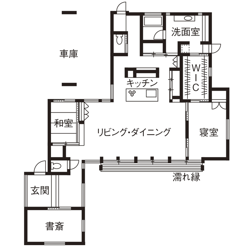「き」なりの家 伸びやかな開放感と自然との一体感が素敵な、和モダンの平屋の間取り図（3LDK）1階