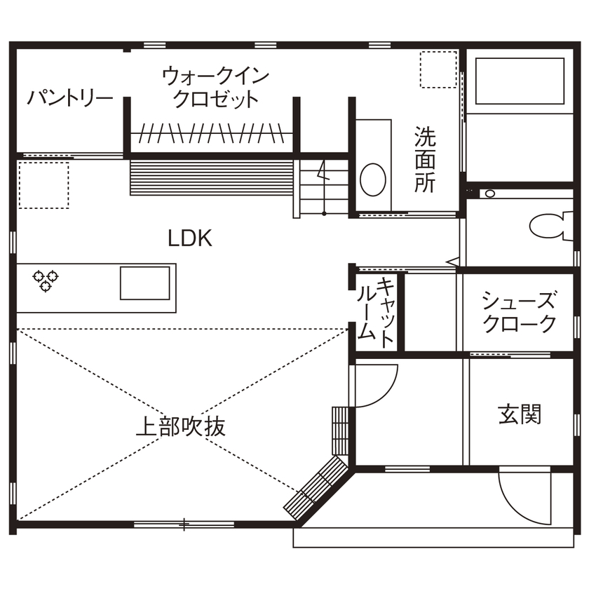 シャルドネホーム 【3000万円台/2階建て/3LDK/30坪台/間取り図】キャットウォークのある無垢材×タイルの大人かわいい家の間取り図（３LDK＋納戸）１階
