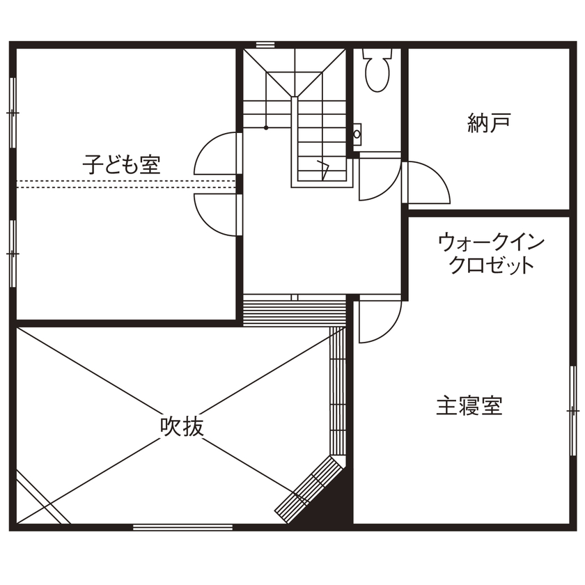 シャルドネホーム 【3000万円台/2階建て/3LDK/30坪台/間取り図】キャットウォークのある無垢材×タイルの大人かわいい家の間取り図（３LDK＋納戸）２階