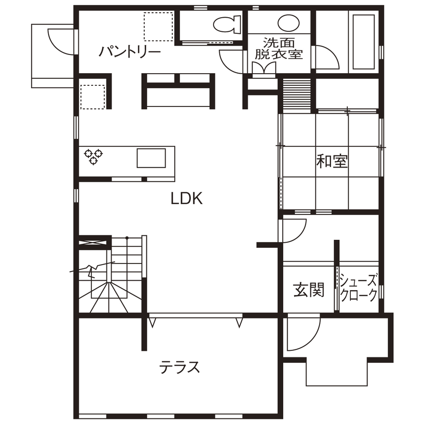 シャルドネホーム 【2000万円台/30坪台/間取り図】モザイクタイルがきらめく柔らかナチュラル。テラスでアウトドアも満喫の間取り図（４LDK＋書斎）１階