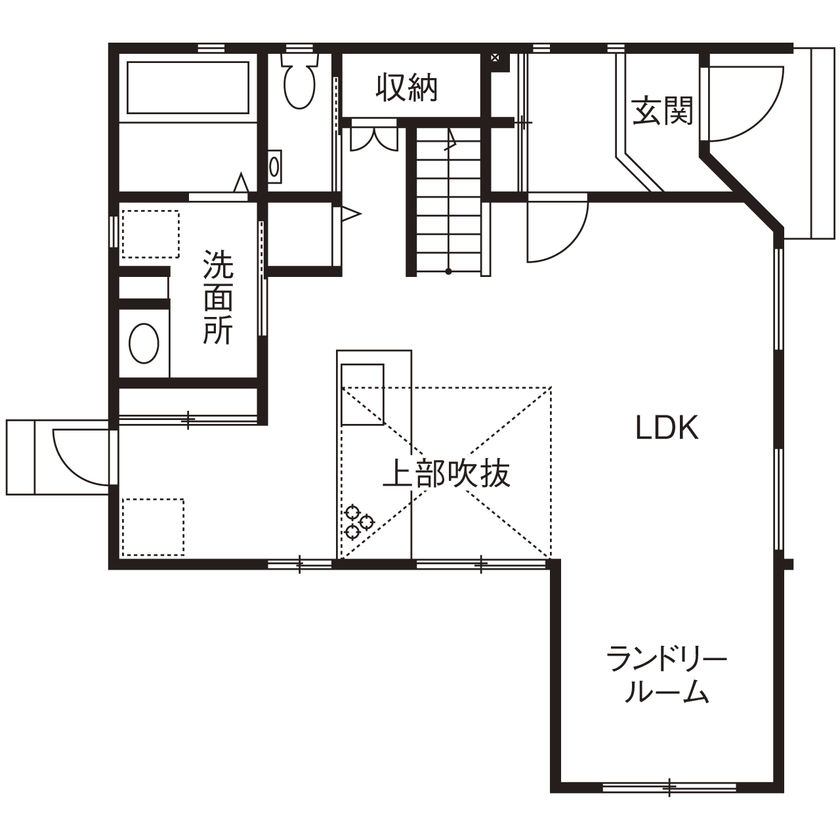 シャルドネホーム 【1000万円代/30坪台/4LDK/間取り図】吹抜けリビングのあるメイプル×ウォルナットのナチュラルモダンな家の間取り図（4LDK）１階