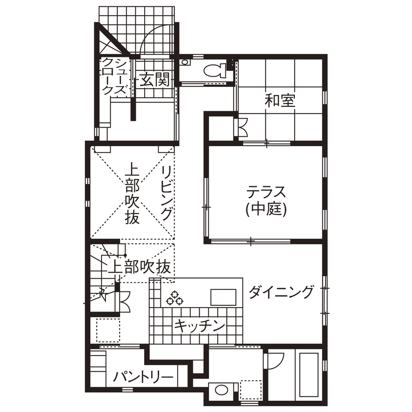 シャルドネホーム 【2階建て/吹抜け/中庭/テラス/間取り/30坪台】どこでも家族の声が聞こえる空間とプライベートを楽しむ家の間取り図（4LDK）１階