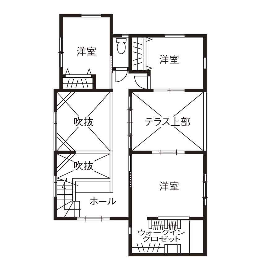 シャルドネホーム 【2階建て/吹抜け/中庭/テラス/間取り/30坪台】どこでも家族の声が聞こえる空間とプライベートを楽しむ家の間取り図（4LDK）２階