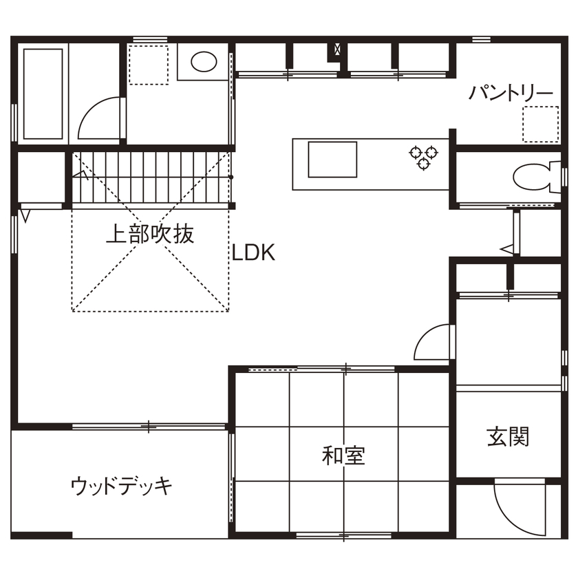 シャルドネホーム 【2000万円台/40坪台/4LDK/間取り図】収納を考えたパントリー付キッチンが主役。天然木の温かさを感じる家の間取り図（4LDK）1階