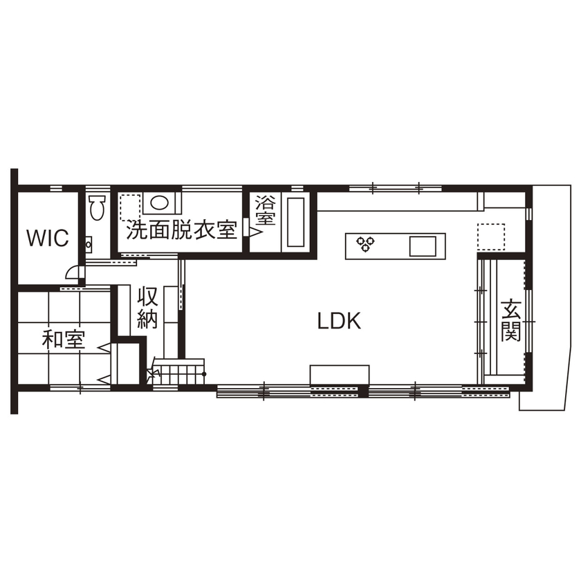 丸正渡邊工務所 【甲府市｜30坪×平屋風×建築家｜間取り有】滋味のある自然素材と造作が際立つ、洗練された平屋スタイルの間取り図（2LDK＋小屋裏収納）1階