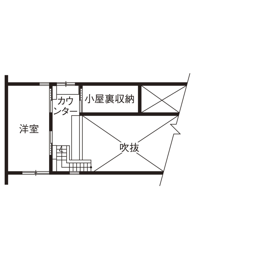 丸正渡邊工務所 【甲府市｜30坪×平屋風×建築家｜間取り有】滋味のある自然素材と造作が際立つ、洗練された平屋スタイルの間取り図（2LDK＋小屋裏収納）2階