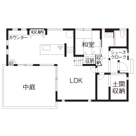 ステーツ 【本体価格2052万円/約41坪】愛犬も寛ぐ23.5帖のL字型リビングと子供が駆け回るウッドデッキのある家の間取り図（4LDK）1階
