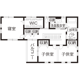 ステーツ 【本体価格2052万円/約41坪】愛犬も寛ぐ23.5帖のL字型リビングと子供が駆け回るウッドデッキのある家の間取り図（4LDK）2階