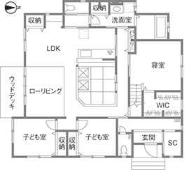 ステーツ 【本体価格2034万円/約34坪/平屋】自由設計で叶えた開放感たっぷり。子育てしやすいナチュラルモダンな平屋の間取り図（3LDK）1階