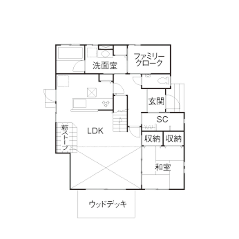 ステーツ 【本体価格1876万円/約35坪】開放的な吹き抜けリビングで薪ストーブの暖かさを味わう住まいの間取り図（4LDK）1階