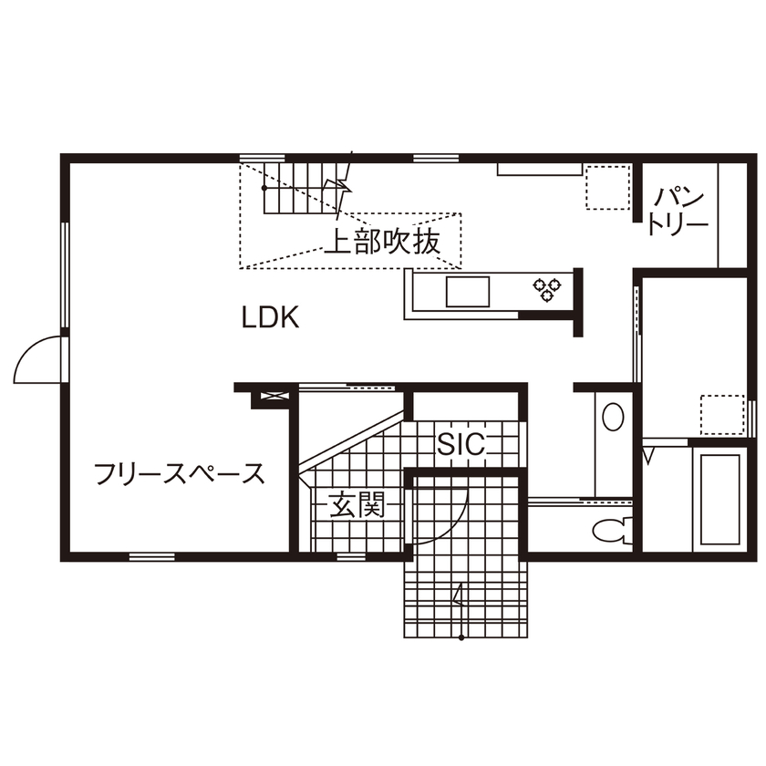 北王 【和が薫る、回遊動線の家】34.9坪の程よい広さに、スケルトン階段とオープンキッチンの間取り図（2LDK＋フリースペース）1階