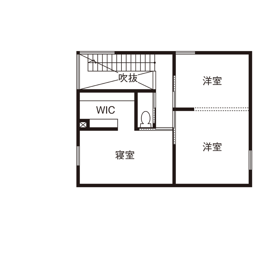 北王 【和が薫る、回遊動線の家】34.9坪の程よい広さに、スケルトン階段とオープンキッチンの間取り図（2LDK＋フリースペース）2階