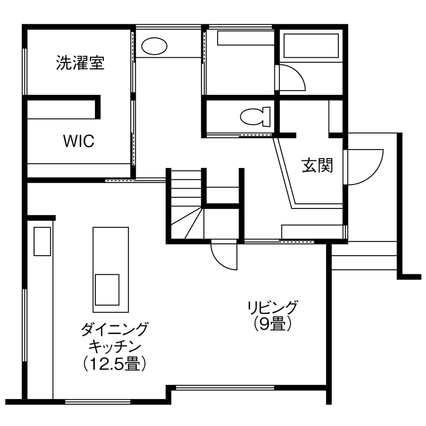 北王 【光が巡る明るい家】美しいアイランドキッチンが、空間をシックに飾るの間取り図（2LDK＋書斎＋納戸）1階