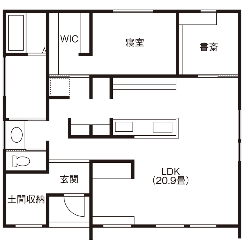 北王 【ふたりの暮らしを映す平屋】書斎やフリースペースのカウンターデスク。自分らしい空間設計の間取り図（1LDK＋書斎）1階