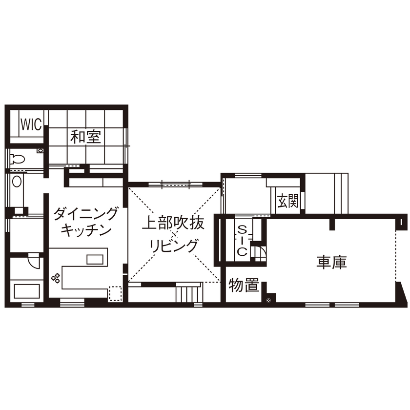 北王 【コの字型キッチンがある家】吹き抜けのリビング。各所からこだわりや想いが滲み出るの間取り図（3LDK＋納戸）1階
