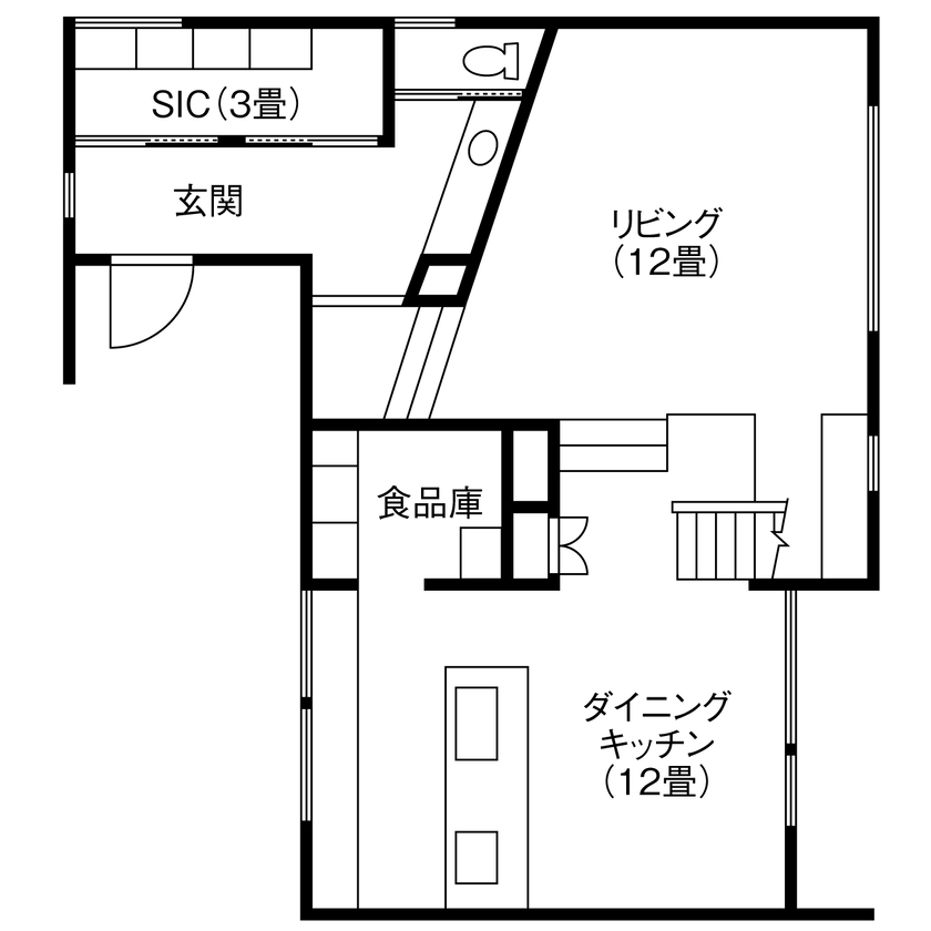 北王 【スキップフロアがつなぐ家】場所によって外の見え方が違い、敷地との一体感が生まれるの間取り図（2LDK＋WIC）1階