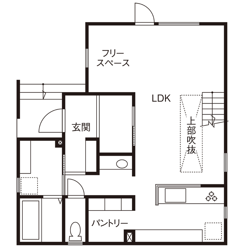 北王 【陰影の美しいセミオーダーの家】31.5坪に回遊動線、パントリーなど支持される要素をたっぷりの間取り図（3LDK＋フリースペース）1階