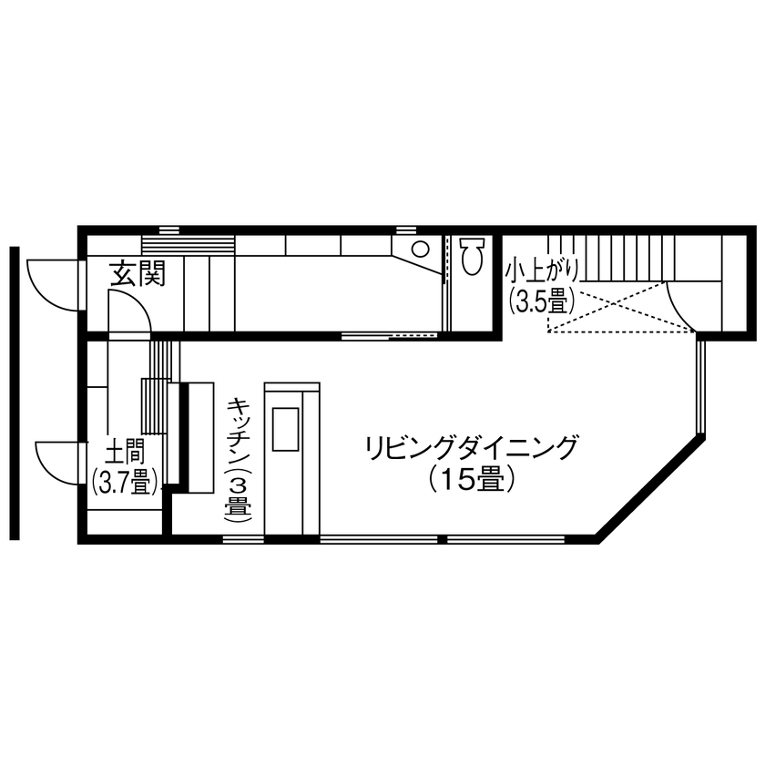 北王 【まわりにスッと、溶けこむように】抜け感を生かした建物配置、境界を曖昧にする塀や外構計画の間取り図（2LDK＋書斎）1階