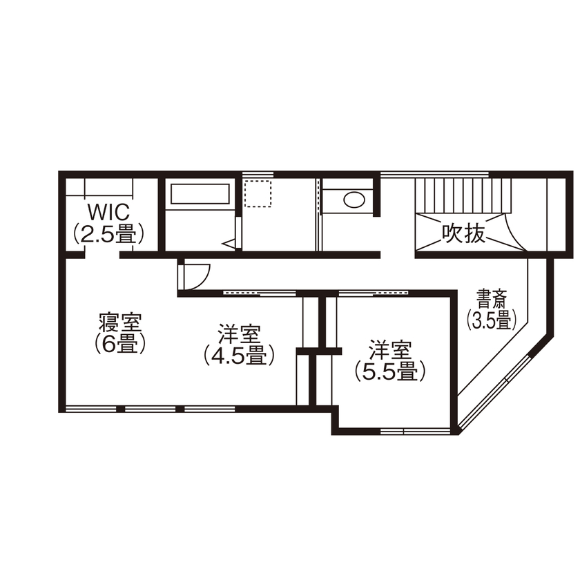 北王 【まわりにスッと、溶けこむように】抜け感を生かした建物配置、境界を曖昧にする塀や外構計画の間取り図（2LDK＋書斎）2階
