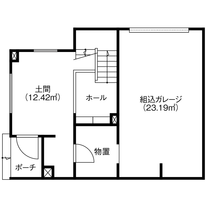北王 【2階リビングの吹抜けが空間をつなぐ】オープン土間に組込ガレージ、趣味を楽しむふたり暮らしの3階建ての間取り図（1LDK＋FS＋土間＋車庫）1階
