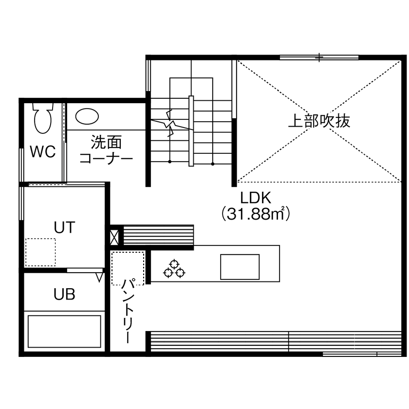 北王 【2階リビングの吹抜けが空間をつなぐ】オープン土間に組込ガレージ、趣味を楽しむふたり暮らしの3階建ての間取り図（1LDK＋FS＋土間＋車庫）2階