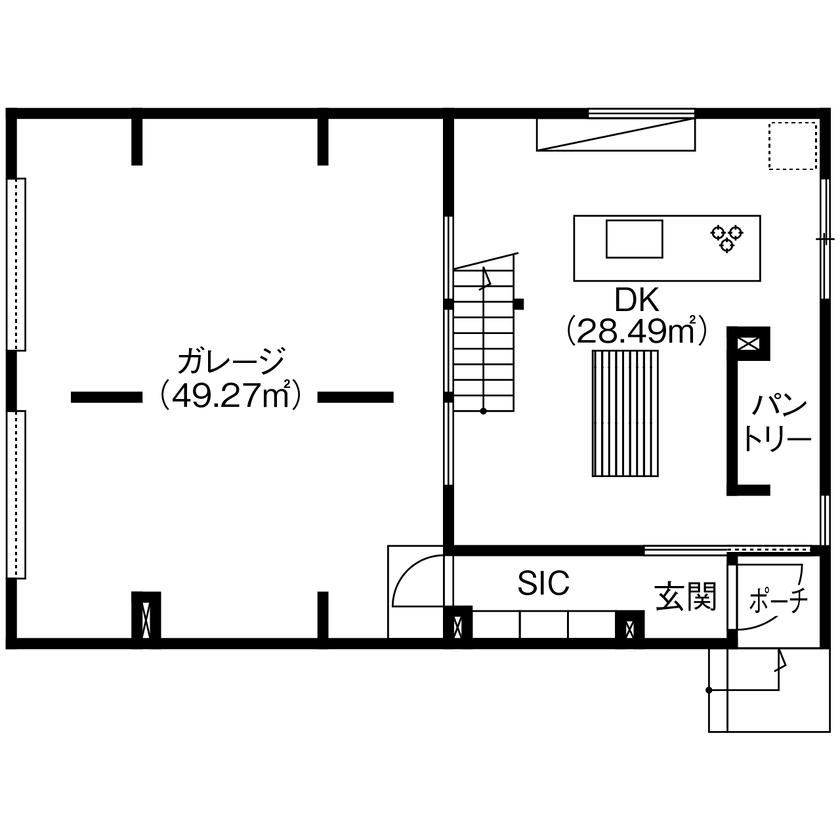 北王 【自分スタイルのガレージハウス】1階はDK×ガレージ、2階リビングにサウナバルコニー、「好き」を楽しむ家の間取り図（1LDK＋FS＋ガレージ）1階