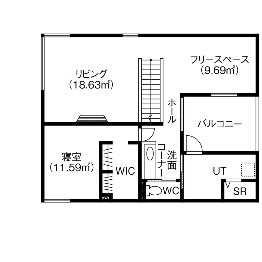 北王 【自分スタイルのガレージハウス】1階はDK×ガレージ、2階リビングにサウナバルコニー、「好き」を楽しむ家の間取り図（1LDK＋FS＋ガレージ）2階