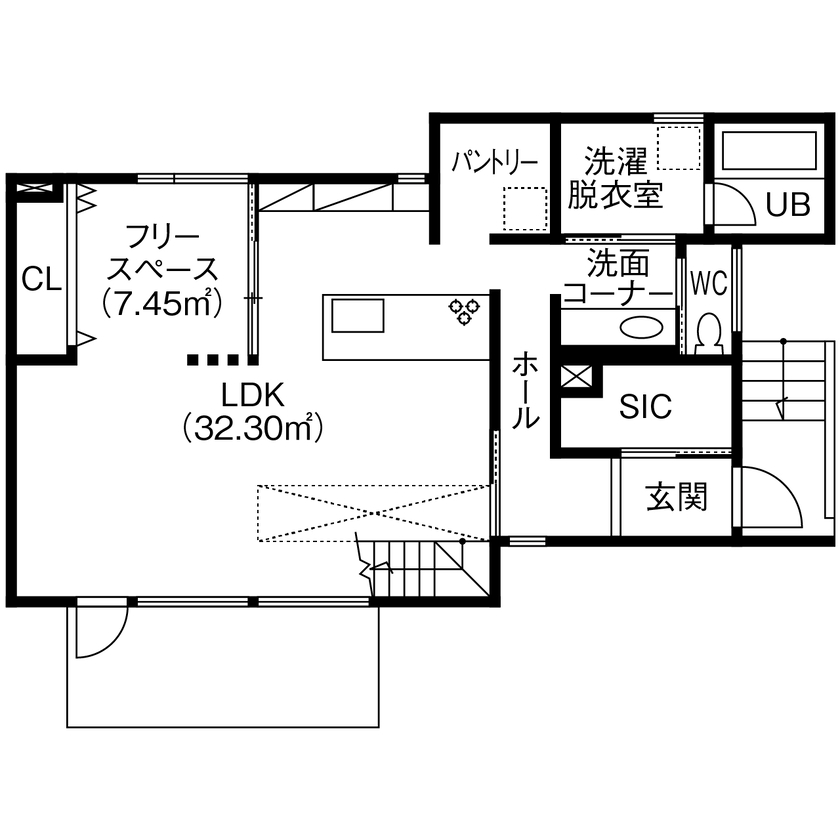 北王 【大きな吹抜けと大開口から光降る家】素材もデザインもこだわった理想の空間で、家族の時間を楽しむ毎日の間取り図（3LDK＋フリースペース）1階