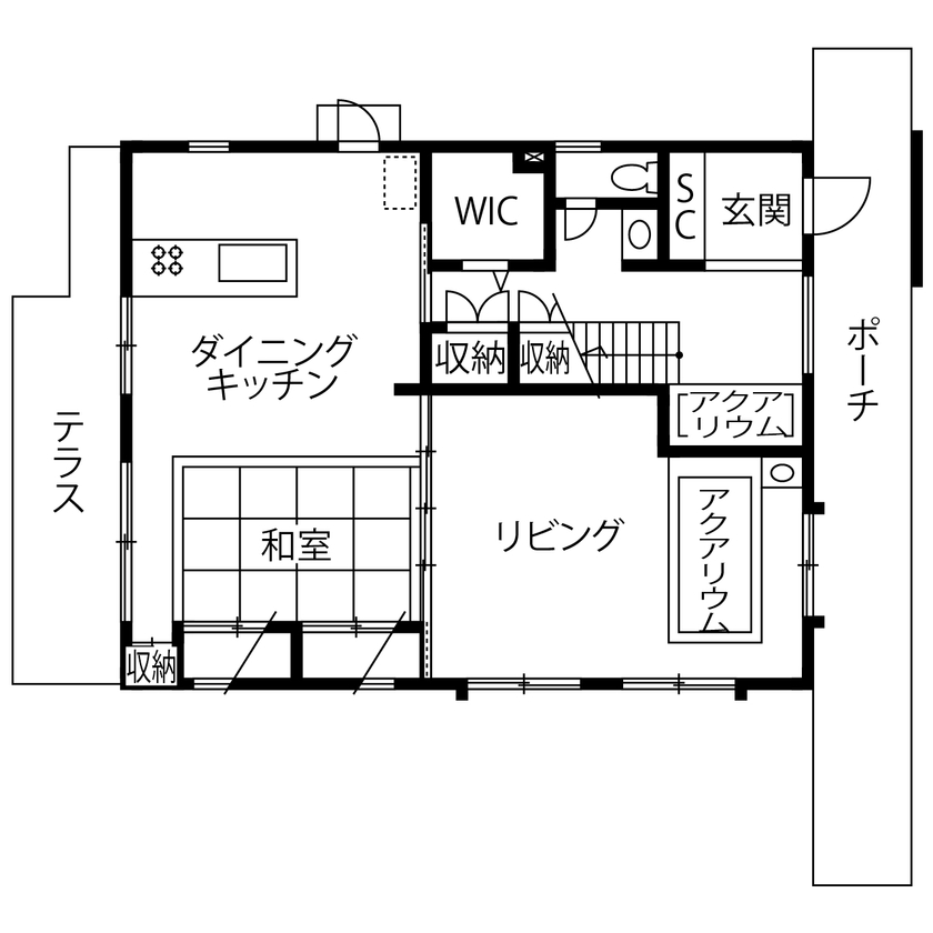 アトリエＳｕｍｉｋａ―住処―　創美建築企画　 【京都/おしゃれ/シンプルモダン/間取りあり】リビングに約4トンの水槽を設置。アクアリウムのような住まいの間取り図（５LDK+３WIC）1階