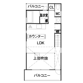 アトリエＳｕｍｉｋａ―住処―　創美建築企画　 【京都/狭小・20坪台の家/1000万円台/間取り図】ステップフロアに吹き抜けをプラスした伸びやかな空間設計の間取り図（3LDK）２階