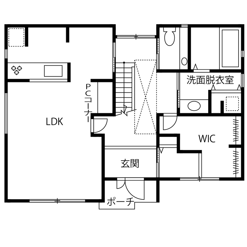 アトリエＳｕｍｉｋａ―住処―　創美建築企画　 【2000万円台/京都市/おしゃれ/間取り図】自宅にバーカウンター。趣味や暮らしを楽しむ仕掛けがいっぱいの間取り図（2LDK+WIC+バースペース）1階