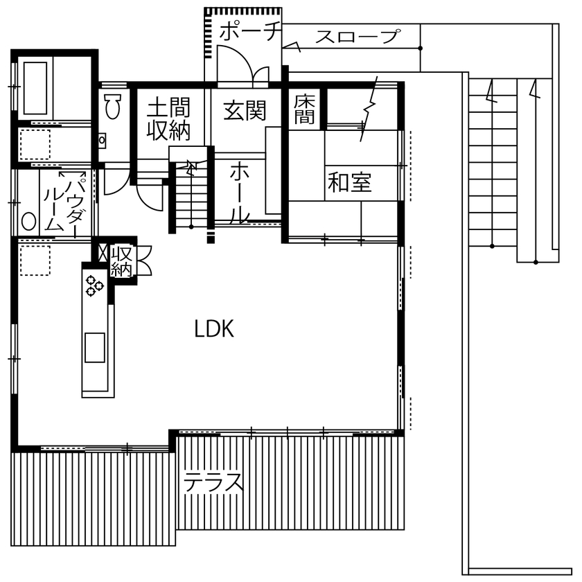アトリエＳｕｍｉｋａ―住処―　創美建築企画　 【30坪台/おしゃれ/間取り図】庭を内包する大空間・大開口の住まい。極限まで考え抜き、施主の想いを実現の間取り図（4LDK＋書斎＋土間収納）1階