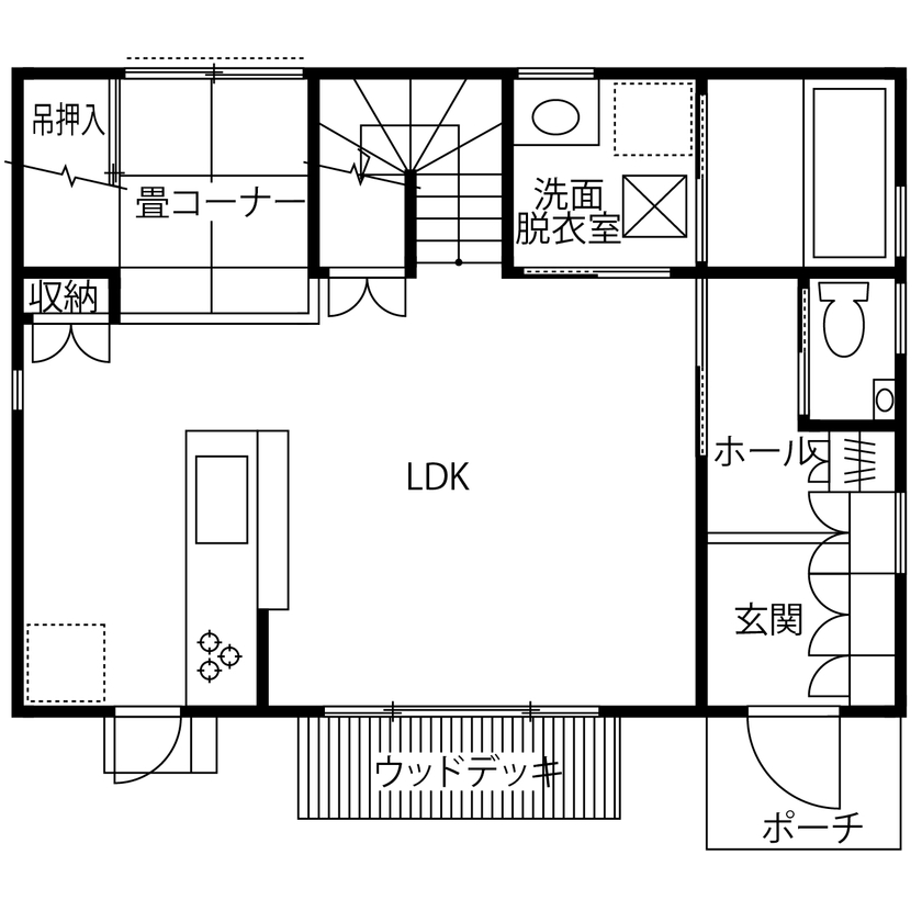 アトリエＳｕｍｉｋａ―住処―　創美建築企画　 【京都市/自然素材/1000万円台/間取り】自然素材の優しさに包まれて、心地よく暮らす木の住まいの間取り図（2LDK+書斎+WIC）1階