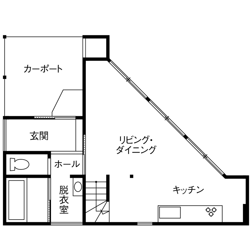 アトリエＳｕｍｉｋａ―住処―　創美建築企画　 【自然素材／らせん階段／間取り図】三角形の変形敷地を活かした空間設計で家族を繋ぐ、唯一無二のデザインの間取り図（1LDK＋ロフト＋WIC）1階