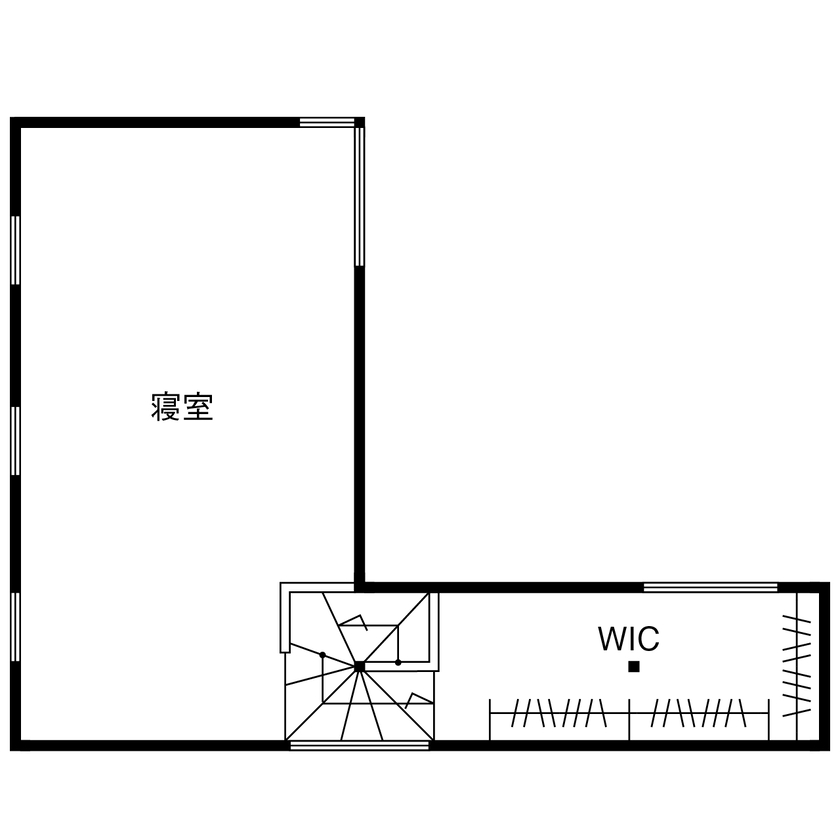 アトリエＳｕｍｉｋａ―住処―　創美建築企画　 【自然素材／らせん階段／間取り図】三角形の変形敷地を活かした空間設計で家族を繋ぐ、唯一無二のデザインの間取り図（1LDK＋ロフト＋WIC）2階