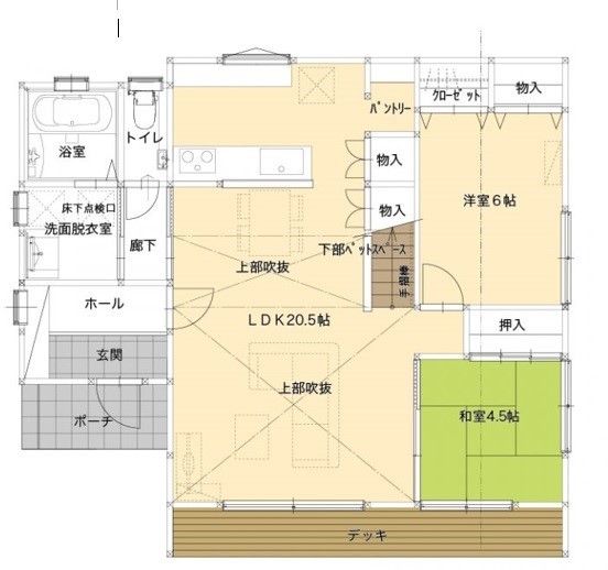 牡鹿観光・おしかホーム【石巻・東松島・女川】 平屋風2階建ての「猫」と暮らす家の間取り図（4LDK）1階