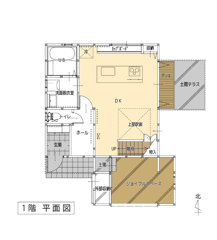 牡鹿観光・おしかホーム【石巻・東松島・女川】 かっこいいインテリアと趣味を楽しむ、0.5階1.5階のあるスキップフロアの家の間取り図（3LDK）1階