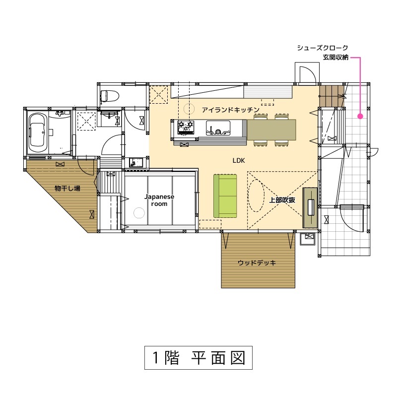 牡鹿観光・おしかホーム【石巻・東松島・女川】 家事ラク動線！吹抜リビングでも寒くない家の間取り図（3LDK）1階