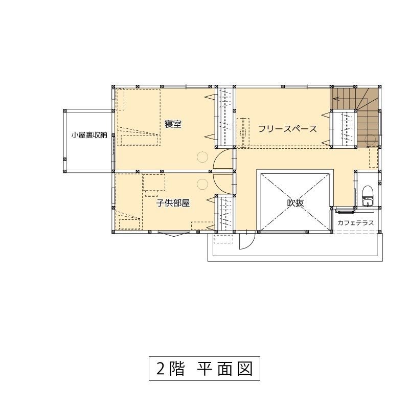 牡鹿観光・おしかホーム【石巻・東松島・女川】 家事ラク動線！吹抜リビングでも寒くない家の間取り図（3LDK）2階