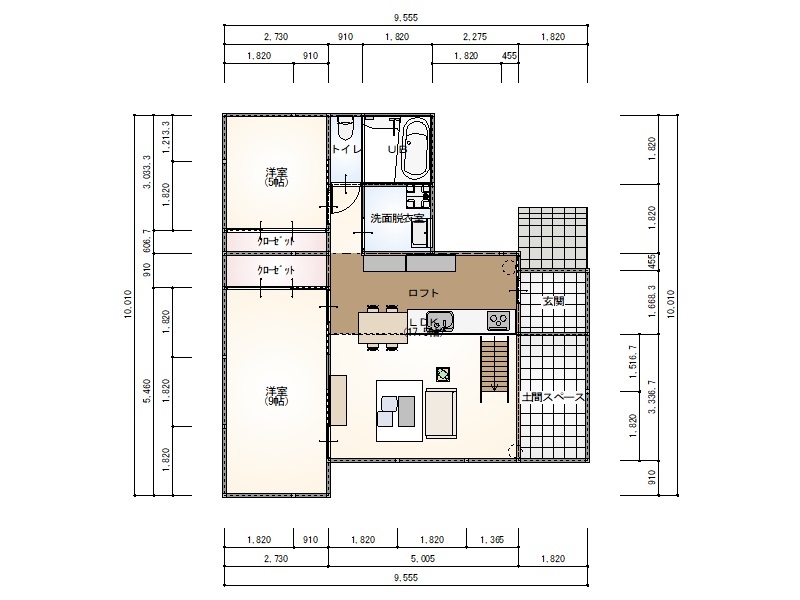 牡鹿観光・おしかホーム【石巻・東松島・女川】 ワンフロアで温度差も少なく快適に過ごせる平屋の間取り図（2LDK）１階