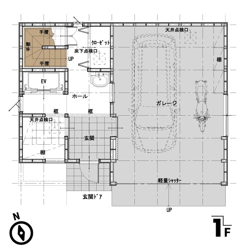 牡鹿観光・おしかホーム【石巻・東松島・女川】 三階建て屋上のある住まい。狭小地が、屋上、ガレージ、ホームエレベーター、IOT設備で快適な暮らしにの間取り図（3LDK）1階