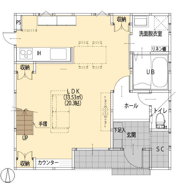 牡鹿観光・おしかホーム【石巻・東松島・女川】 プライバシーを守る窓設計の四角い家【CUBE】鉄骨階段と大きな吹抜、坪数を感じさせない充実な住まいの間取り図（3LDK+WIC）1階
