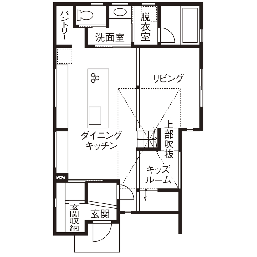 いい家つくる。善匠 【2000万円台｜31坪｜間取り有】日当たりの不安は吹抜けで解消！「LDKは朝日がまぶしいくらいです」の間取り図（4LDK＋キッズルーム）１階