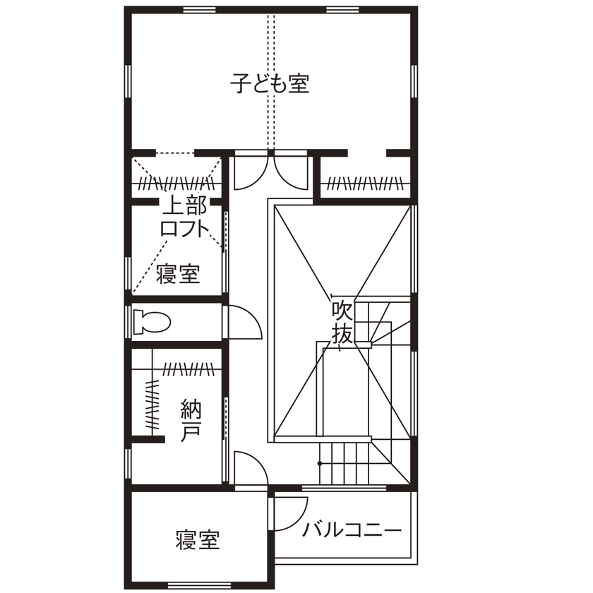 いい家つくる。善匠 【2000万円台｜31坪｜間取り有】日当たりの不安は吹抜けで解消！「LDKは朝日がまぶしいくらいです」の間取り図（4LDK＋キッズルーム）２階