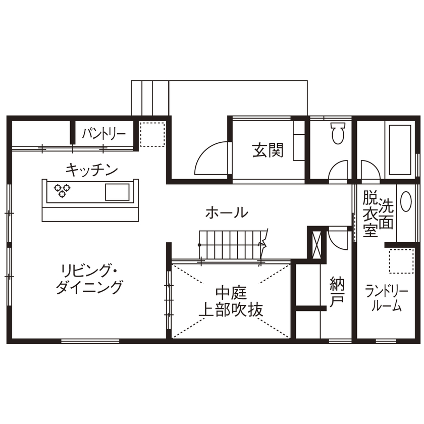 いい家つくる。善匠 【30坪未満｜中庭｜間取り有】中庭が見える玄関からLDKはワンフロアな間取り「開放感が気に入っています」の間取り図（2LDK）1階