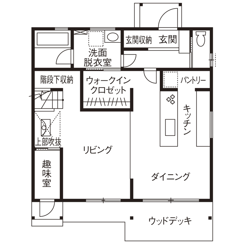 いい家つくる。善匠 【2000万円台｜33坪｜間取り有】シンプルモダンなサーフハウス「一段下げたリビングもお気に入りです」の間取り図（3LDK）1階