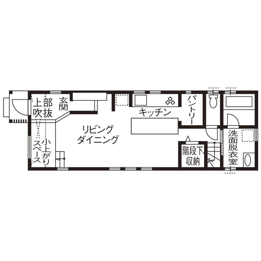 いい家つくる。善匠 【30坪未満｜間取り有】家族の距離を縮める小上がりスペース。南北に細長い土地でも吹抜けで明るく開放的にの間取り図（3LDK）1階