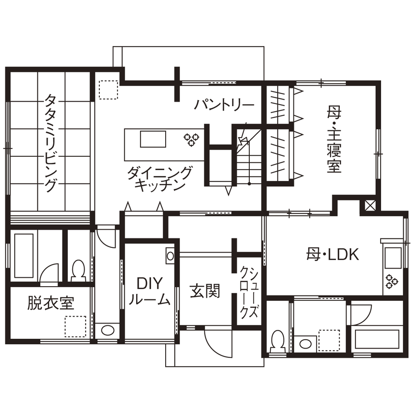 いい家つくる。善匠 【2000万円台｜46坪｜間取り有】DIY好き必見の作業空間も！１階に集約させた新スタイルの家の間取り図（1LDK＋3LDK）１階